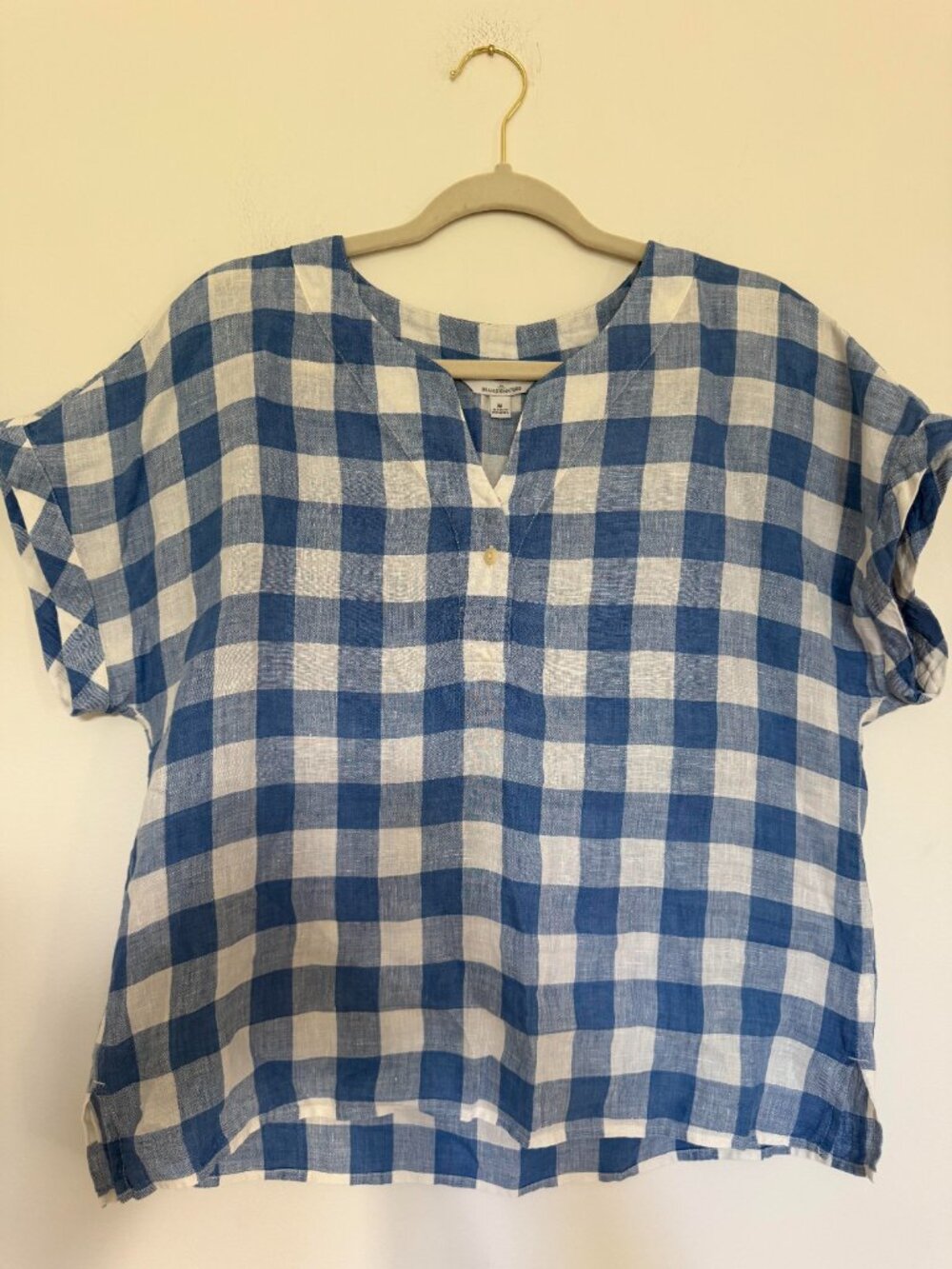 LL Bean Gingham Short Sleeve Popover Blouse Linen Coastal Blue White - Medium